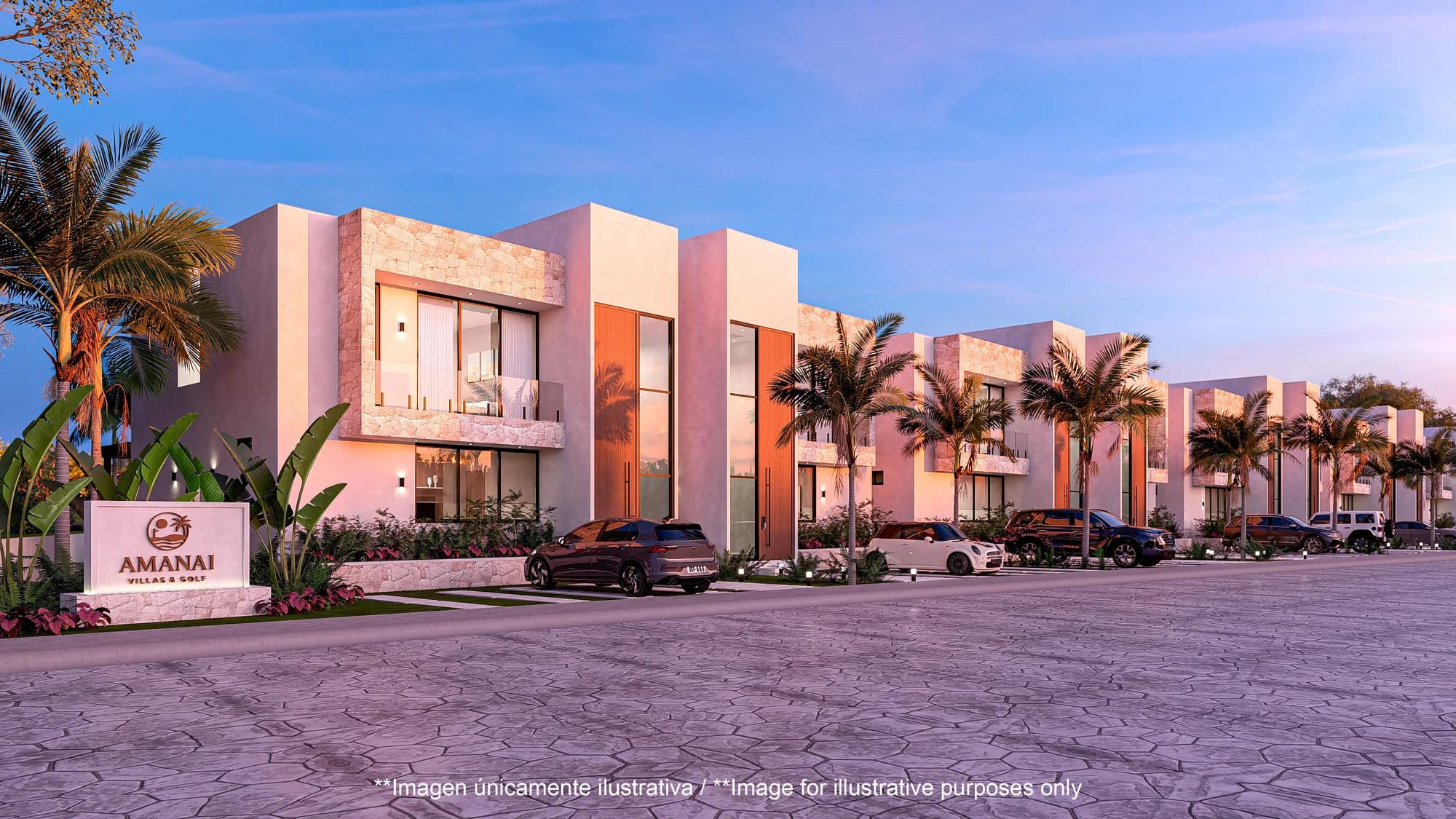 Fachadas de Amanai Villas & Golf al atardecer