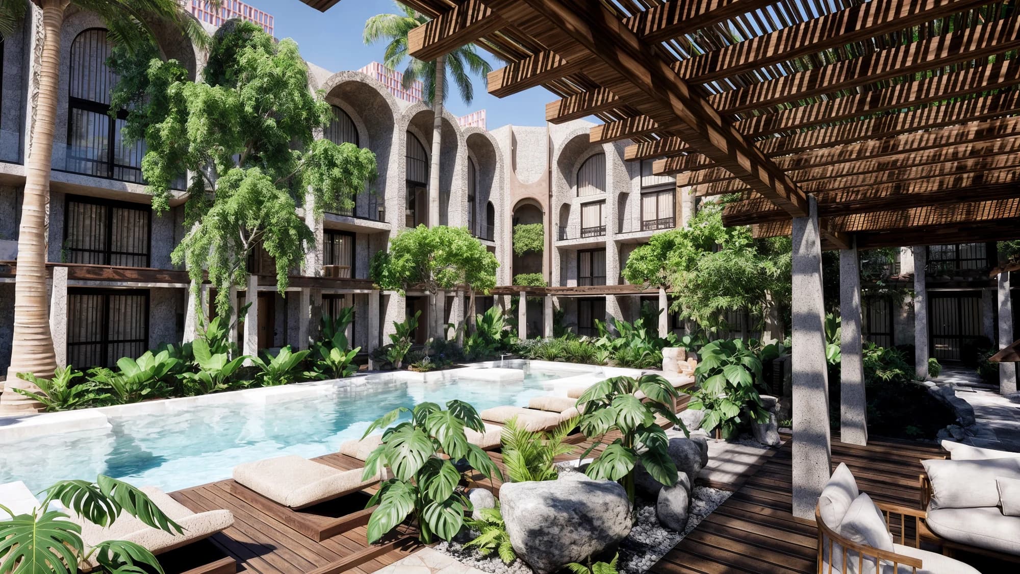 Render oficial de alberca y jardines de Casa de Piedra