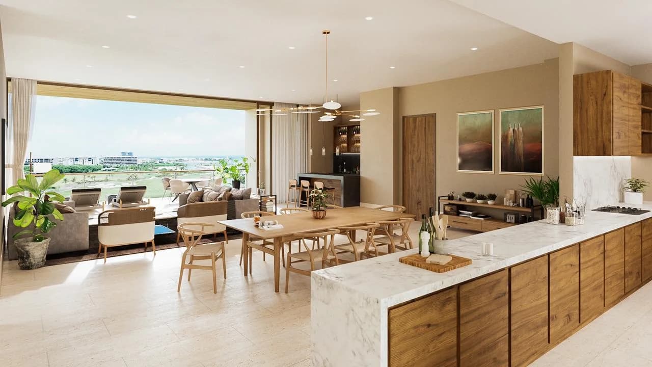 Render oficial de sala, cocina y terraza de La Vela