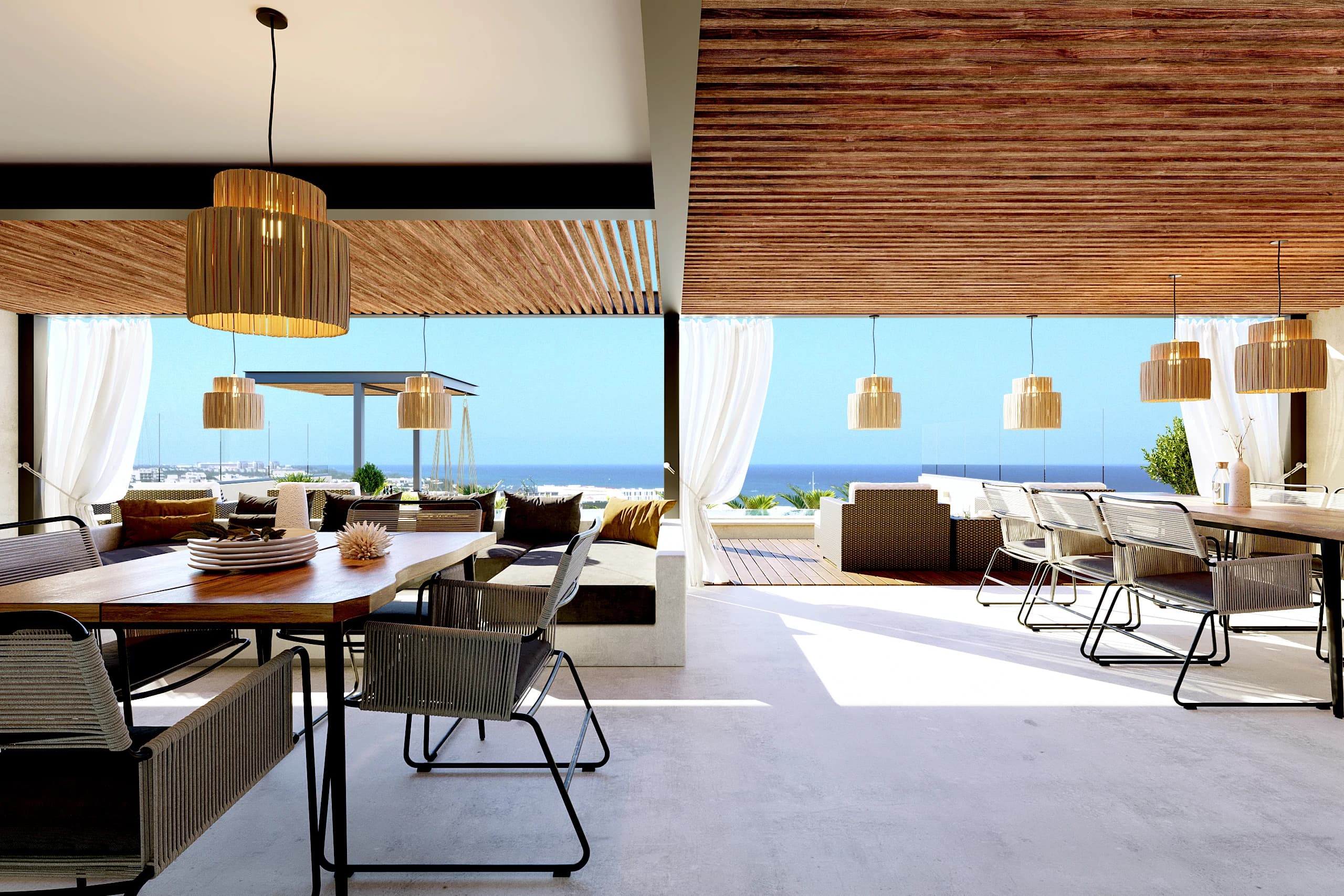 Render oficial del rooftop de Petrus Condos con vista al Caribe